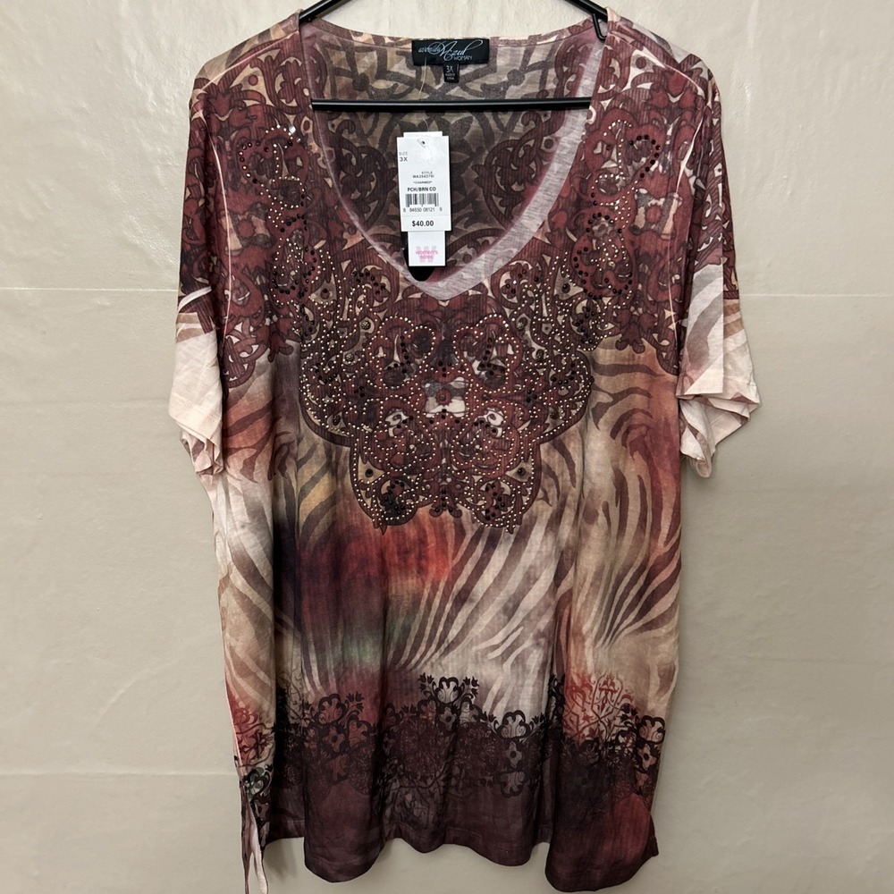 Avenida Woman 3X Brown Floral Boho Short Sleeve V Neck T Shirt